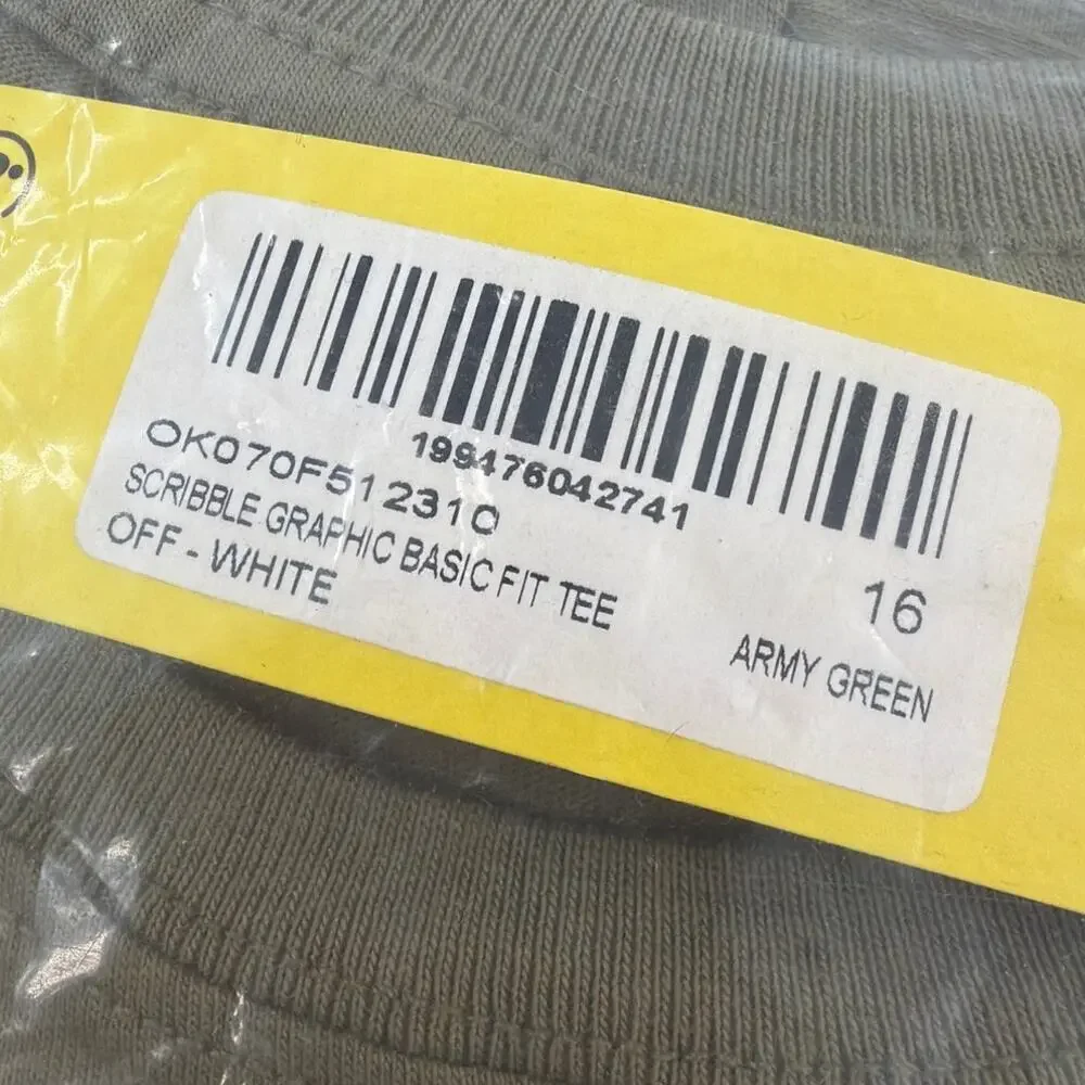 Off White Boys Army Green Scribble Graphic Basic Fit Tee Size 16